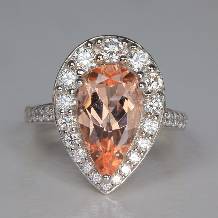 white gold pear shape morganite gemstone ring with diamonds