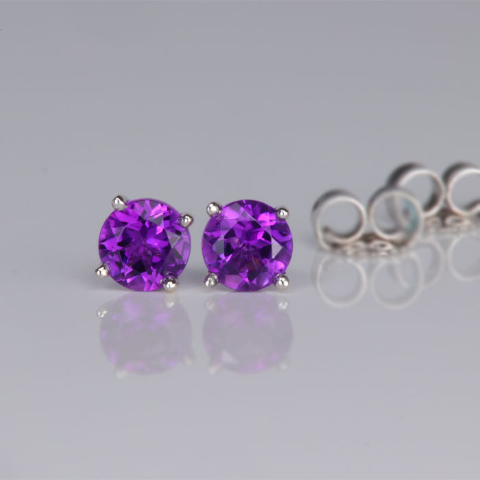 white gold round cut amethyst gem stud earrings