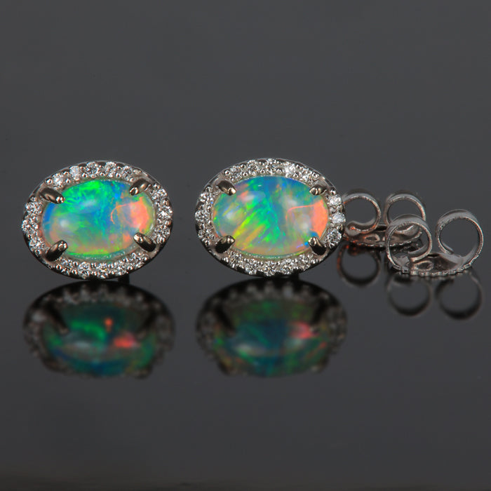 14K White Gold Australian Opal and Diamond Stud Earrings 1.07 Carats