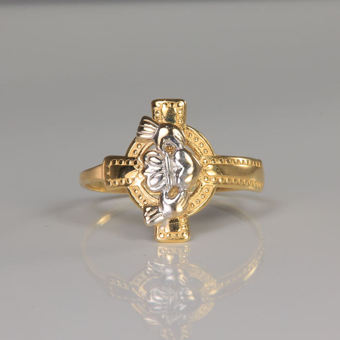 yellow and white gold ring with claddagh and celtic cross