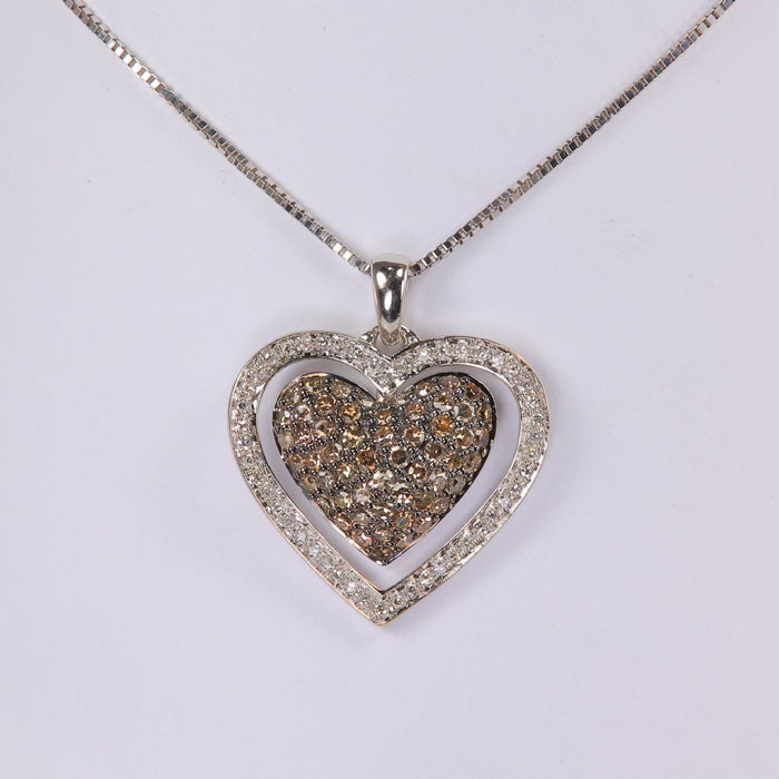 white gold double heart pendant with champagne and white diamonds