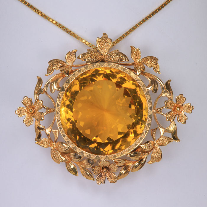 yellow gold vintage pin pendant citrine 50 carats flower design