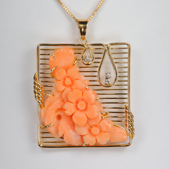 yellow gold estate pendant carved coral and diamond accents 