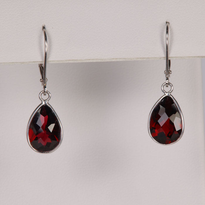 checkerboard faceted garnet drop earrings white gold