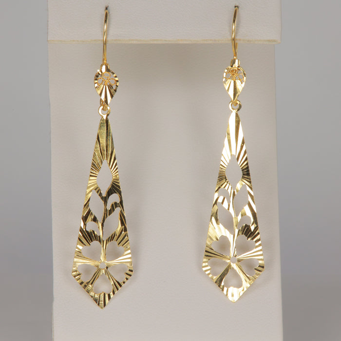 yellow gold diamond cut flower elongated drop earrings 