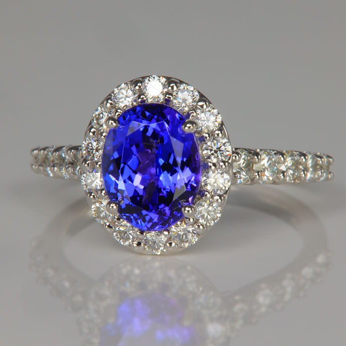 tanzanite gemstone ring with diamond halo