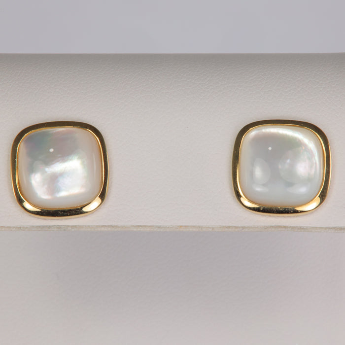 yellow gold bezel set mother of pearl stud earrings 