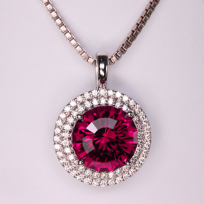 rhodolite garnet gemstone in white gold with diamond halos pendant