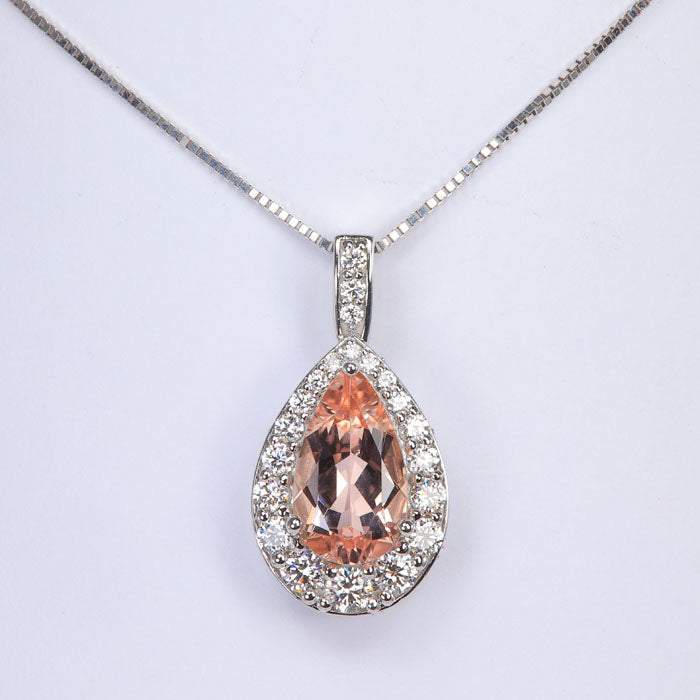 orange pink pear shape brilliant cut morganite pendant with diamonds in white gold