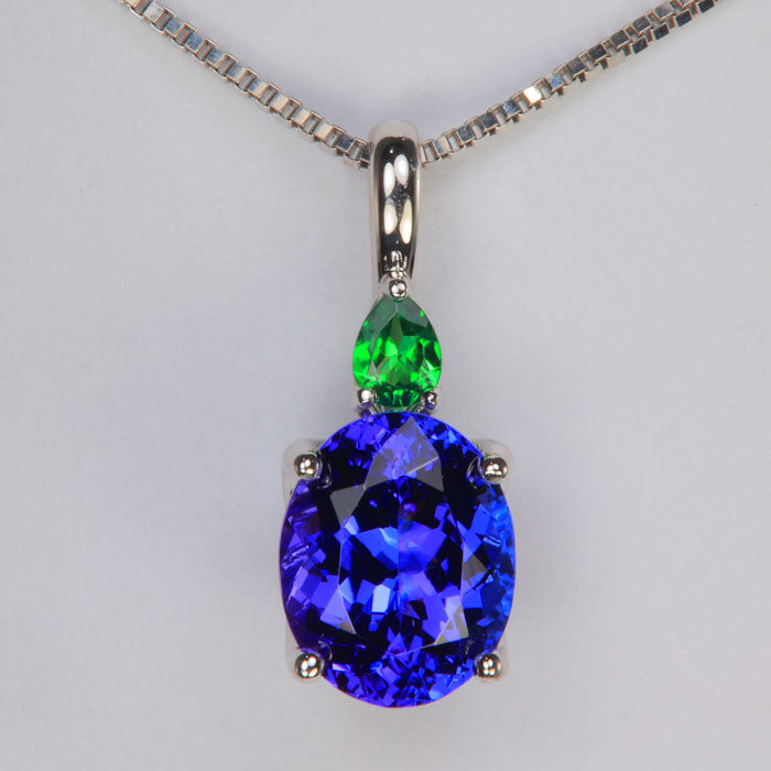 tanzanite gemstone with tsavorite garnet accented pendant