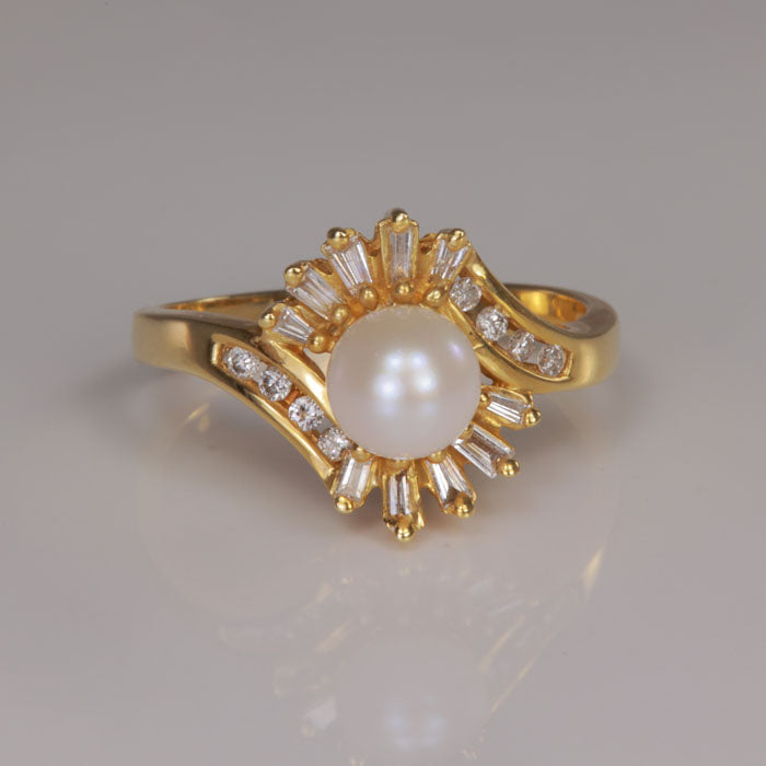 yellow gold pearl diamond ring