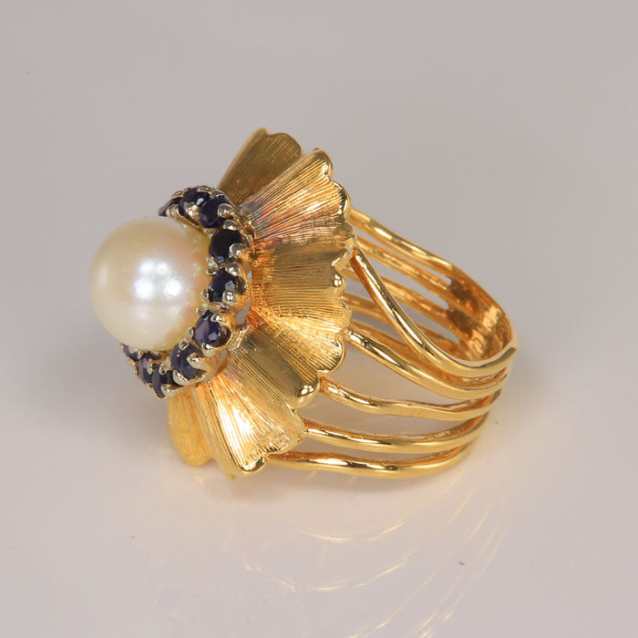 yellow gold pearl and sapphire ring