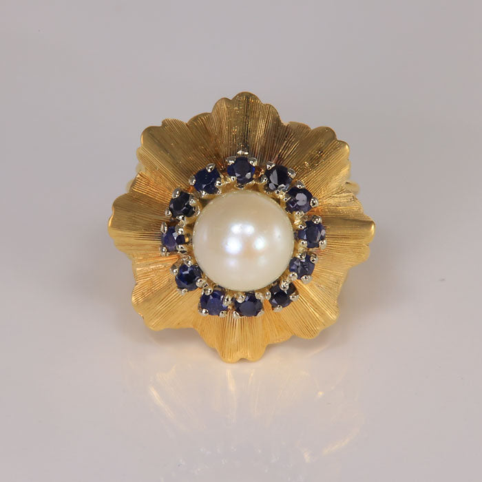 pearl and sapphire sunburst cocktail ring