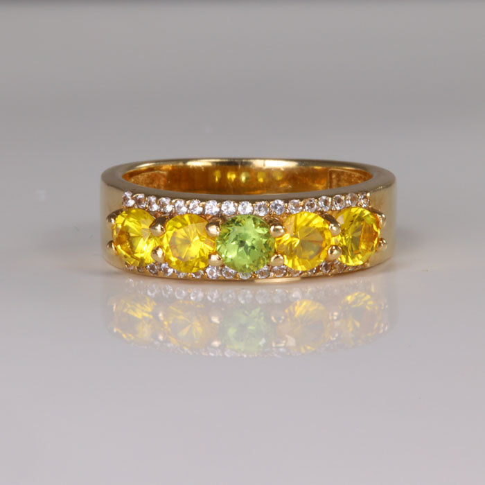 14K Yellow Gold Peridot White Sapphire and Synthetic Sapphire Ring