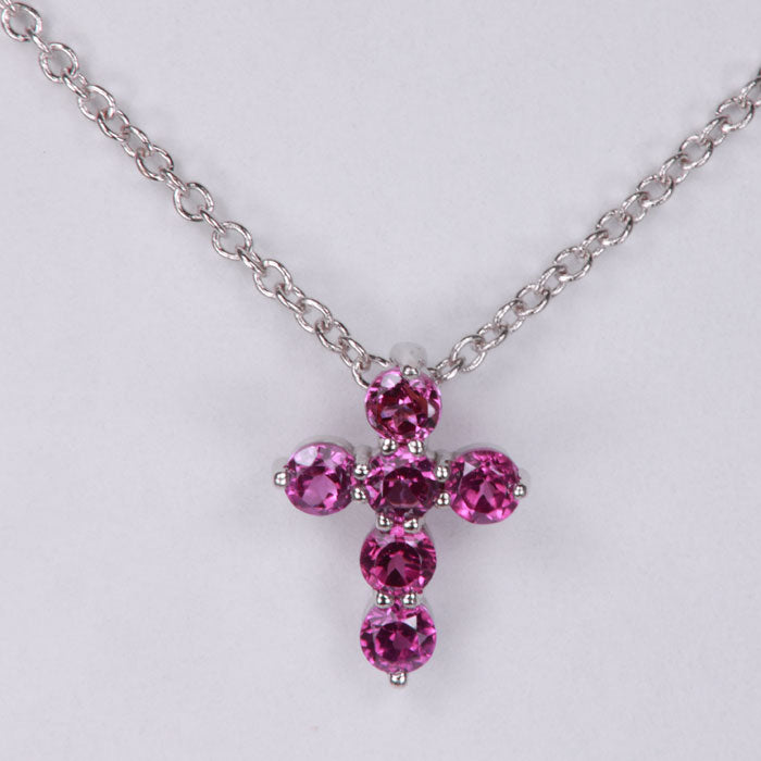 14K White Gold and Rhodolite Garnet Cross Necklace