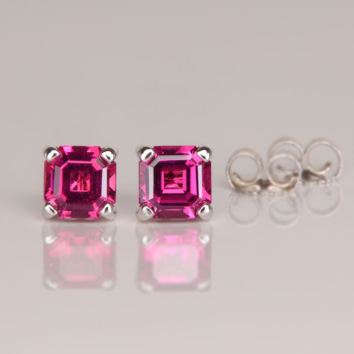 Square Rhodolite Garnet Earrings in 14k White gold