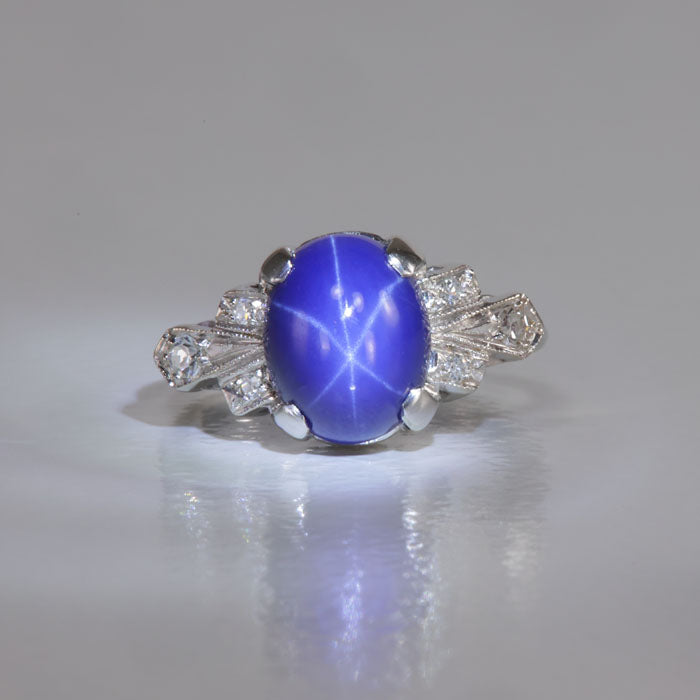 synthethic star sapphire ring with diamond accents white gold