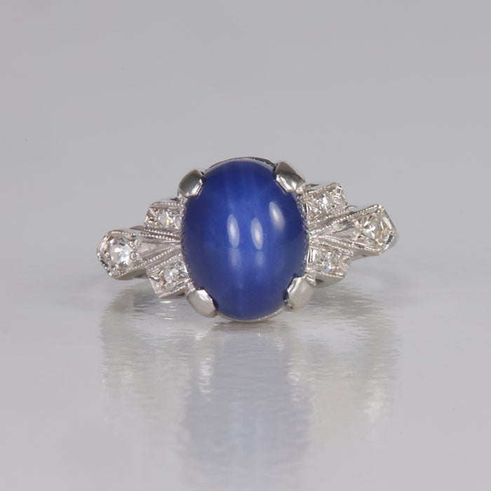 white gold synthethic star sapphire and diamonds 