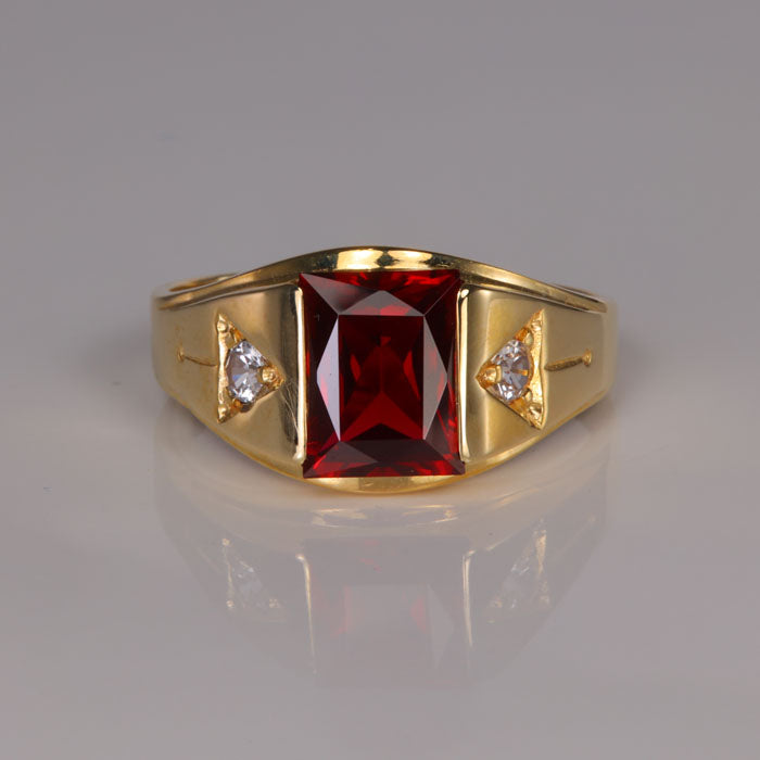 yellow gold ring with synthetic ruby and spinel