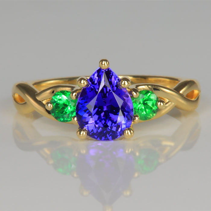 Pear Shape Tanzanite Ring with Tsavorite Garnet Accents