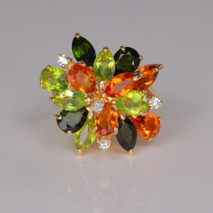 tourmaline citrine peridot ring with diamond accents in yellow gold