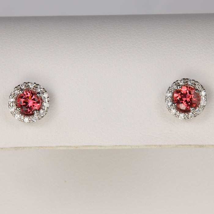 round tourmaline studs with diamond halo in white gold