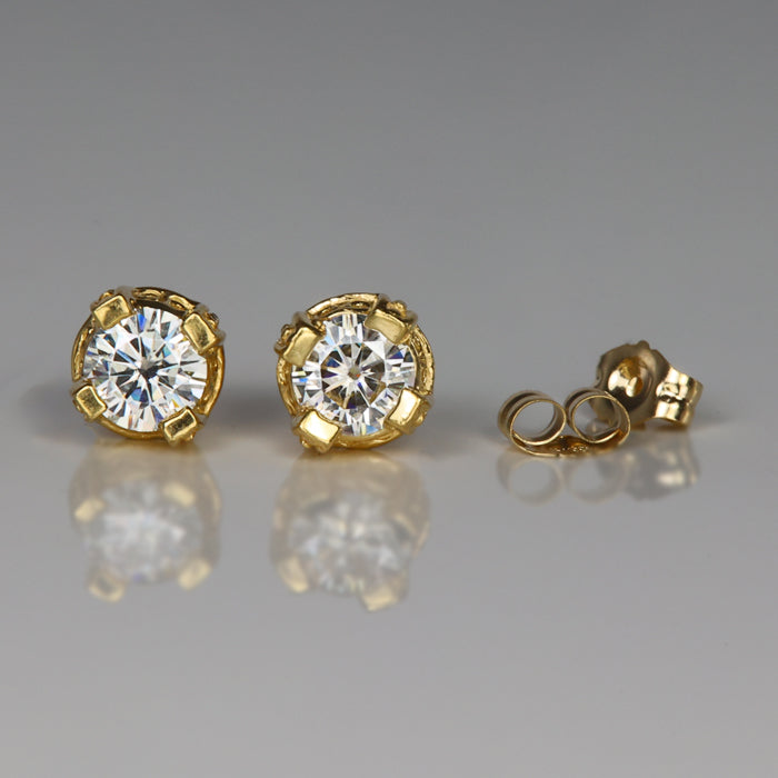 estate stud earrings moissanite gemstone set in yellow gold