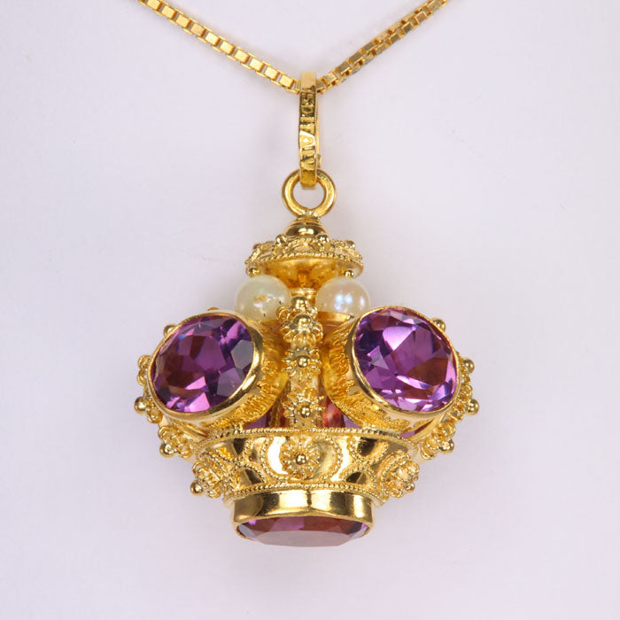 oval cut amethyst and pearl pendant crown design yellow gold