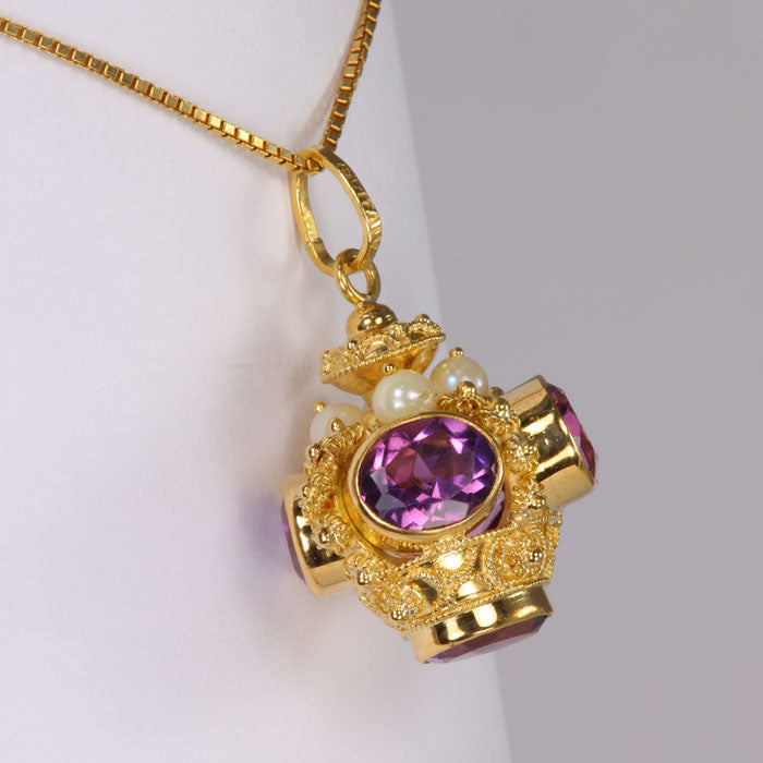 yellow gold crown pendant with amethyst and pearls