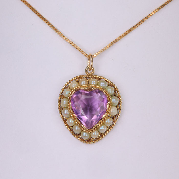 light purple amethyst and seed pearl heart pendant