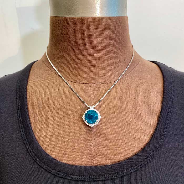 large gemstone apatite pendant with diamonds in white gold