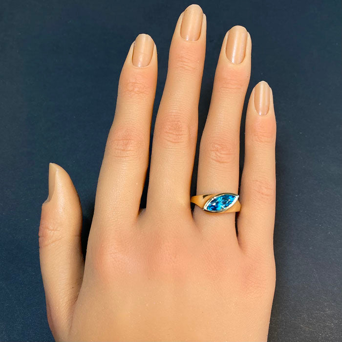 18K Yellow Gold Marquise Brilliant Blue Zircon Ring By Christopher Michael  1.91 Carats
