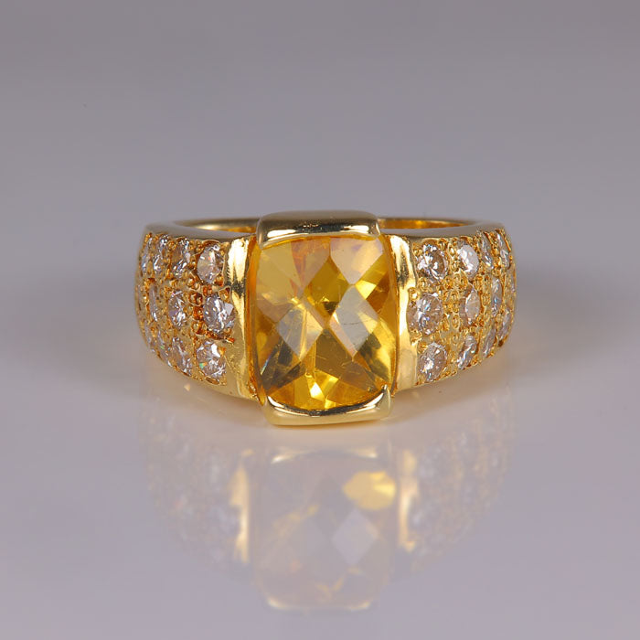 yellow gold ring with checkerboard cut citrine and diamonds 