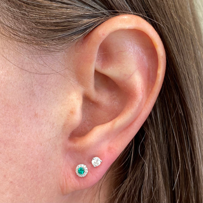 14K White Gold Emerald Stud Earrings With Diamond Halo .13 Carats Moriartys Gem Art