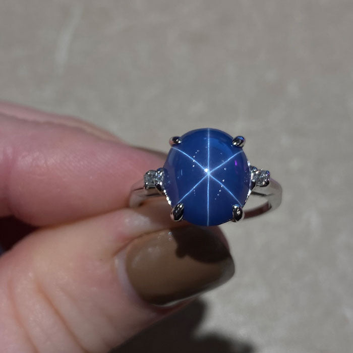 star sapphire synthetic in white gold with diamonds