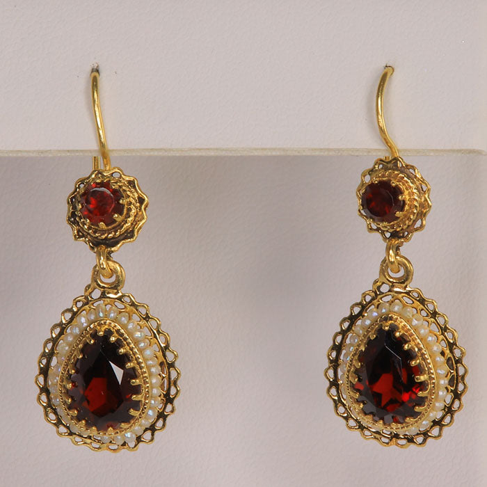 yellow gold and garnet estate earrings with seed pearls