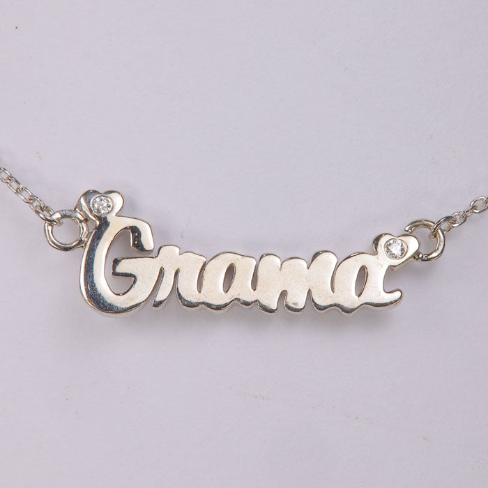 white gold grama necklace with diamond accents