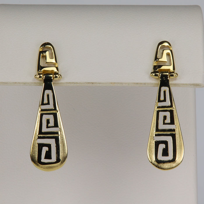 yellow gold dangle earrings with greek key design