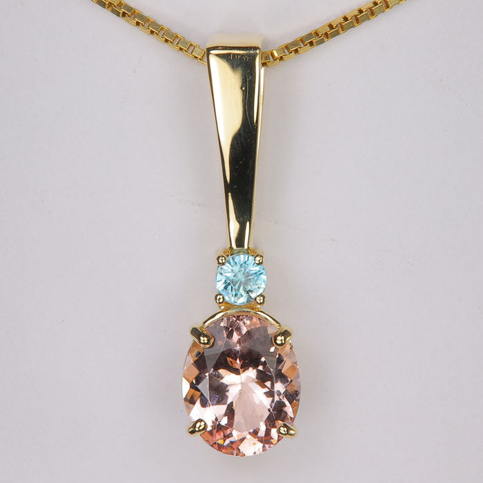 morganite and blue zircon pendant in yellow gold