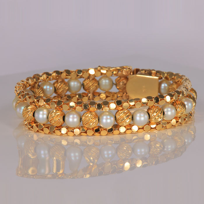 14k yellow gold popcorn link bracelet with pearls and gold beads