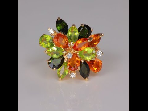 14K Yellow Gold Tourmaline Citrine Peridot and Diamond Cocktail Ring