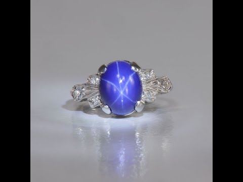 14K White Gold Synthetic Star Sapphire and Diamond Ring
