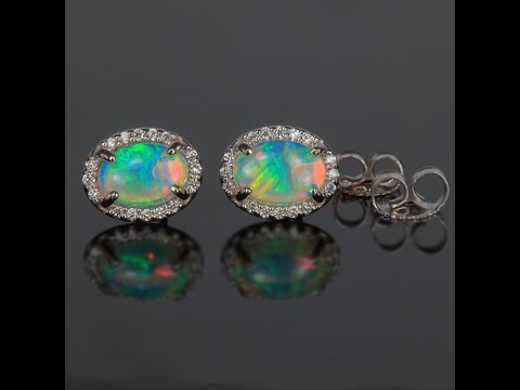 14K White Gold Australian Opal and Diamond Stud Earrings 1.07 Carats