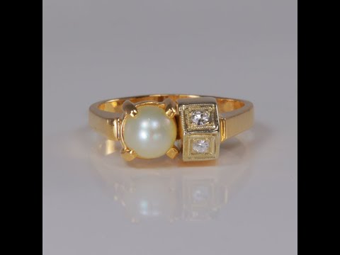 14K Yellow Gold Pearl and Diamond Ring