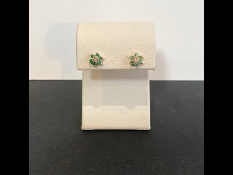14K Yellow Gold Emerald and Diamond Flower Stud Earrings