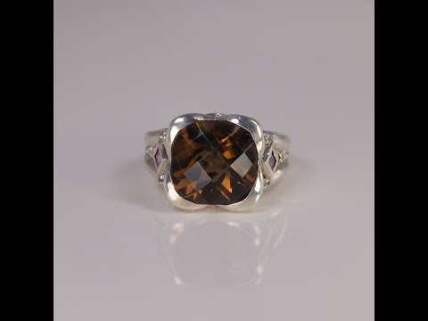 Sterling Silver Checkerboard Smoky Quartz Amethyst and Diamond Accent Ring