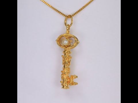 14K Yellow Gold Pearl Accented Key Necklace