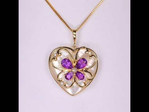 14K Yellow Gold Mabe Pearl Heart Pendant with Amethyst and Diamond Accents