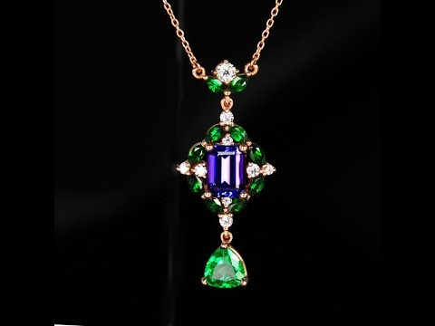 14K Rose Gold Cable Link Tanzanite and Tsavorite Pendant Necklace 1.78 Carats