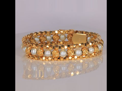 14K Yellow Gold Pearl and Gold Bead Popcorn Link Bracelet